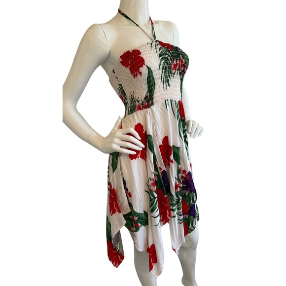 Aloha Fashion Hawaiian Smocked Halter Pixie Dress One Size White Red Floral - Picture 12 of 13